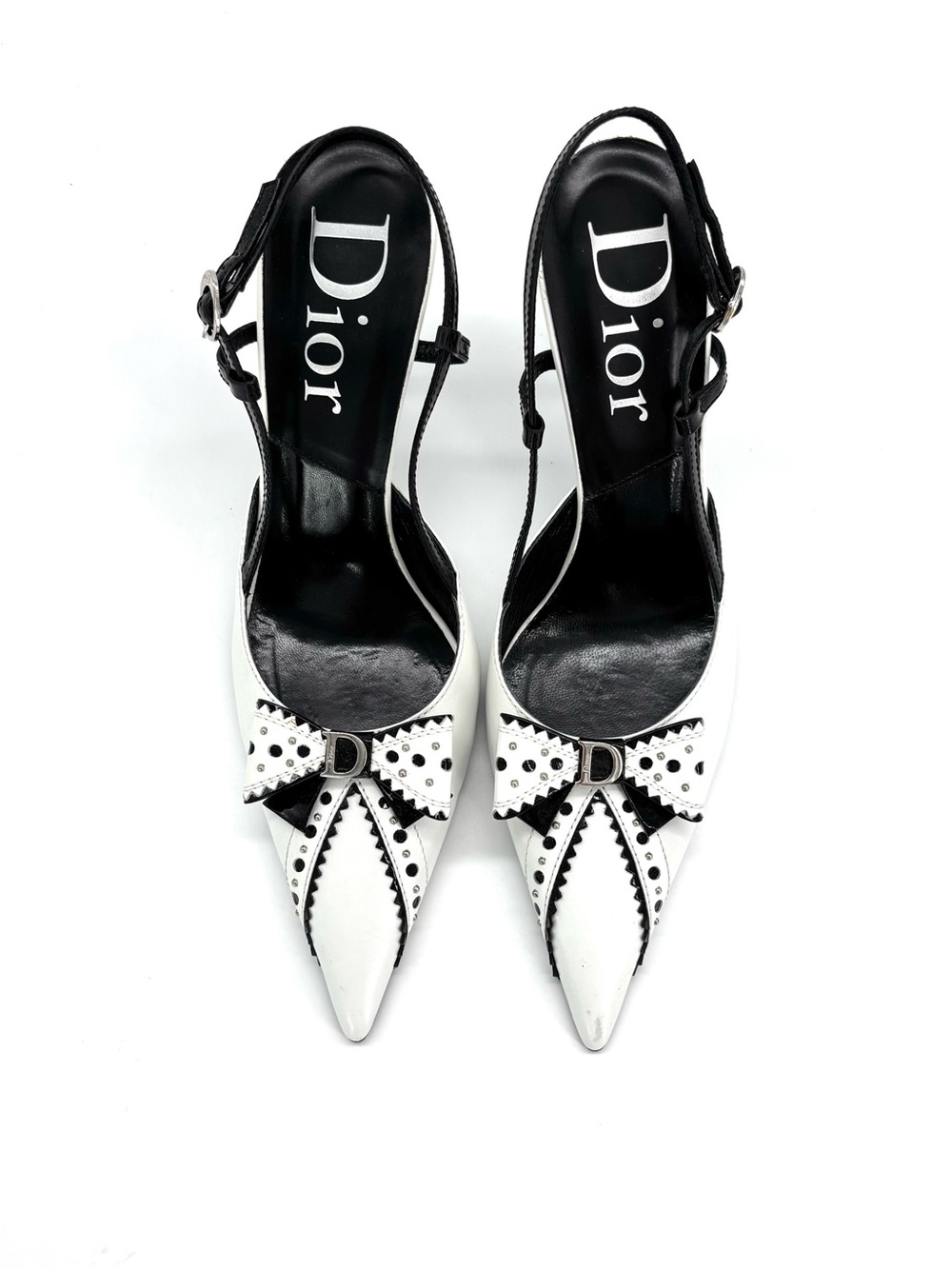 Dior John Galliano Bow Charm Studded White Black Slingback Pumps Shoes 38 - Picture 9 of 12